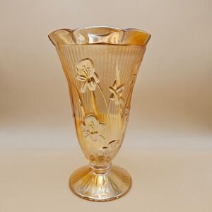 Amber Iridescent Glass Vase Iris Floral Pedestal Footed Trumpet Art Glass‎